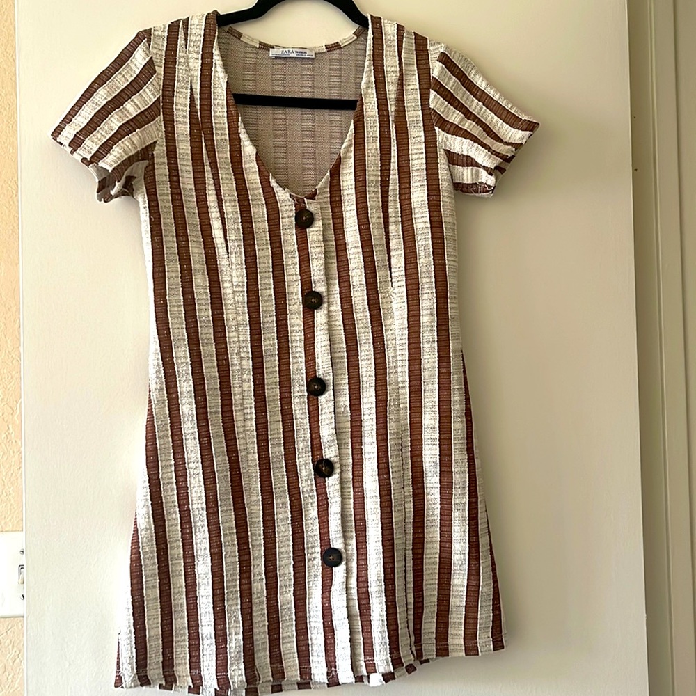 Zara Brown Cream Stripe Button Down dress